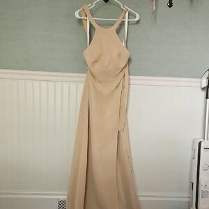 Azazie Tan Halter Slit Gown for Weddings
